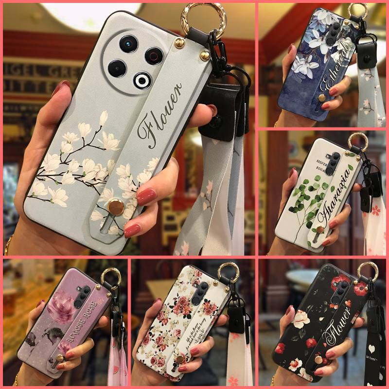 Protective Flower Phone Case For Tecno Spark30 Pro 4G/KL7 Kickstand Dirt-resistant Phone Holder Wrist Strap Back Cover