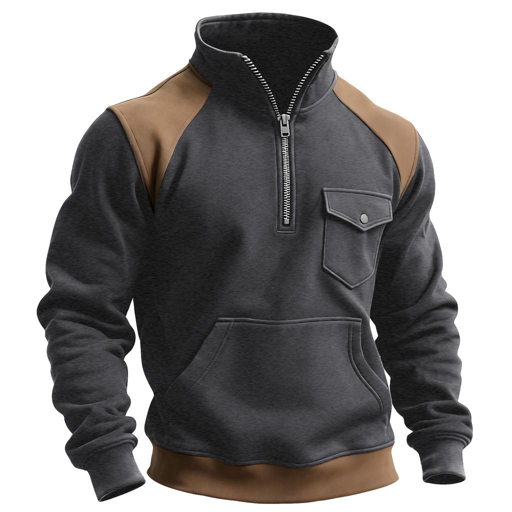 Pánská barevně blokovaná mikina s polovičním zipem, kapsou a stojáčkem Pánská sportovní mikina ve velké velikosti, ležérní mikina se stojáčkem