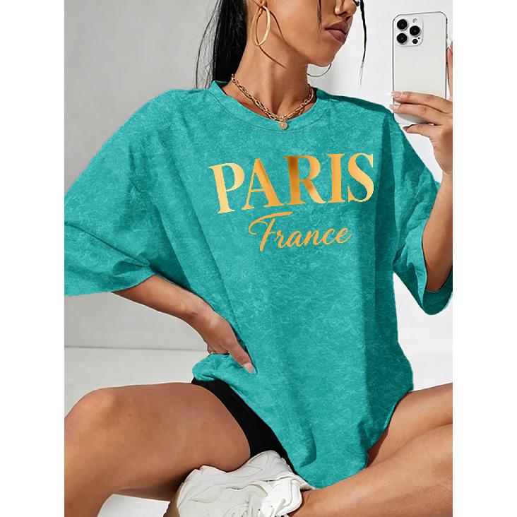 Summer New Arrival gold PARIS Letter-printed snowflake short-sleeve shirt T Shirt Top Round neck, light and breathable, suitable for spring, summer, S