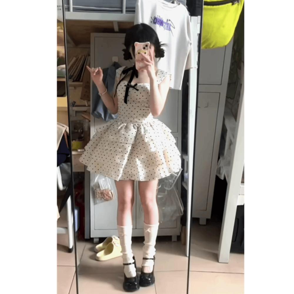 

Юбка-пачка в горошек с бантом, короткая юбка, женская летняя новая повседневная женская, может быть милой и стройнящей XL- (recommended 110-60kg)