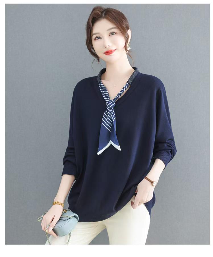 

Women s Tencel Velvet V-Neck Pullover with Ribbon Design XL темно-синього кольору