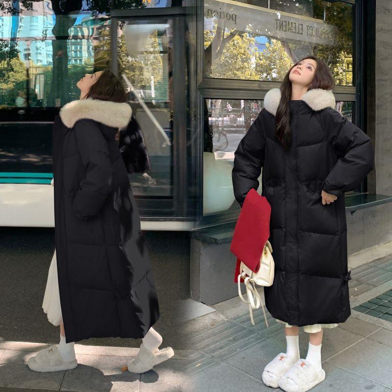 Womens Oversized Long Puffer Coat With Faux Fur Collar Winter Warm Thick Hooded Cotton-Padded Jacket
