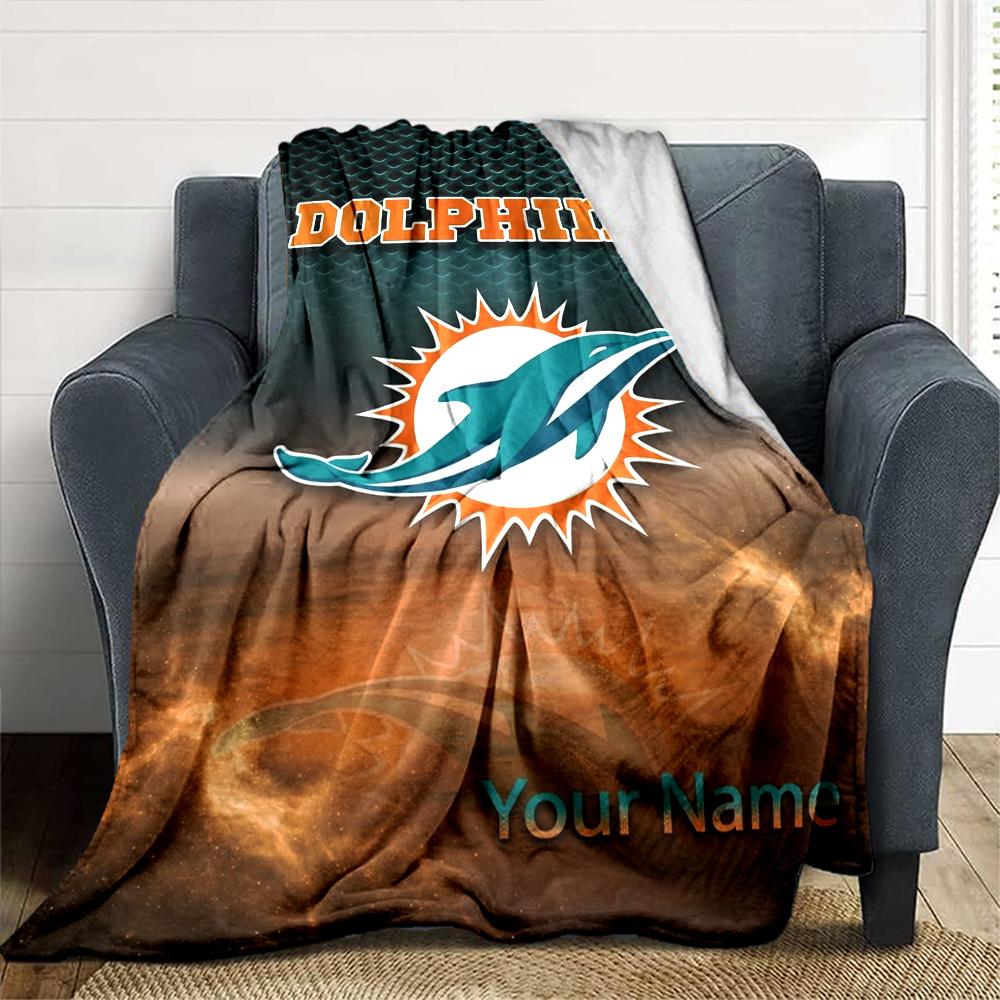 Name Custom Miami Dolphins Logo Print Flannel Blanket High Quality Warm Comfortable Cover for All Seasons Perfect for Gifts Home Decor