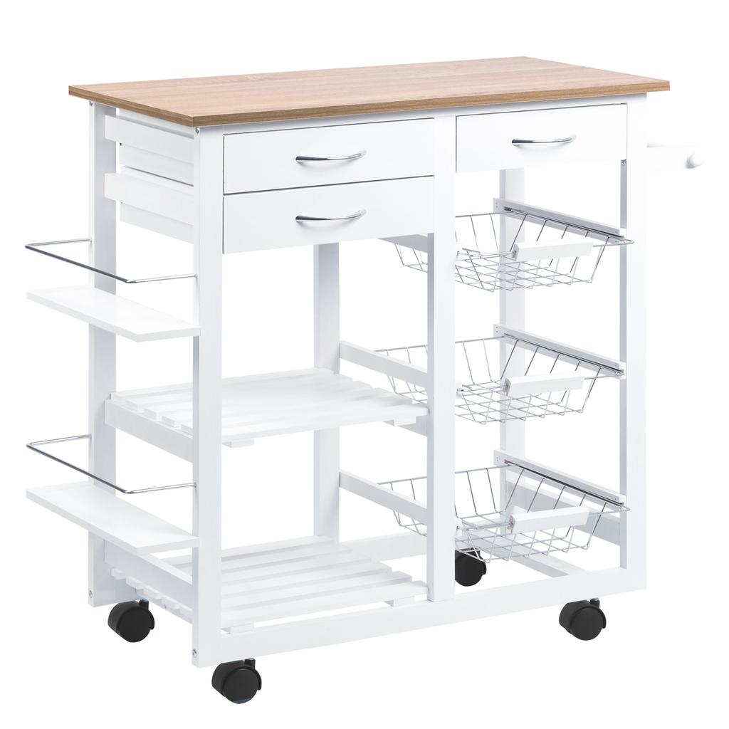 Kitchen Trolley, Serving Cart, Drawers, Baskets, Towel Rack, Wheels, 92 x 37 x 82 cm, White