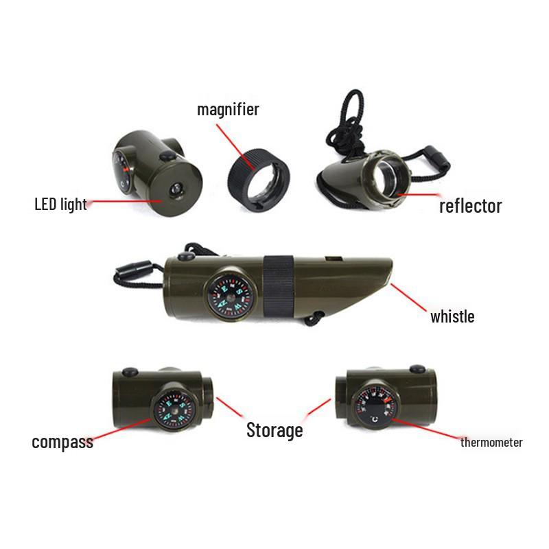 7-in-1 Outdoor Survival Whistle: LED Light, Thermometer, Compass & More