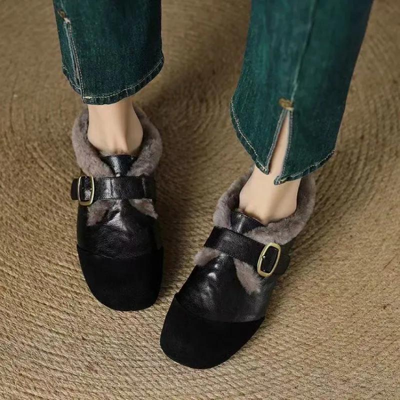 Women's Fashion Flat Cotton Boots Winter New Round Head Splicing Metal Buckle Soft Sole Non-slip Low-top Shoes