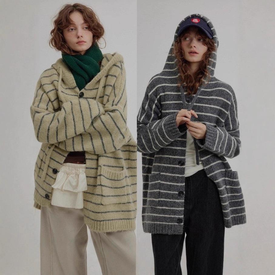 Women Versatile Color Block Striped Hooded Knit Cardigan Autumn Winter Vintage Boho Long Plus Size Sweater Coat