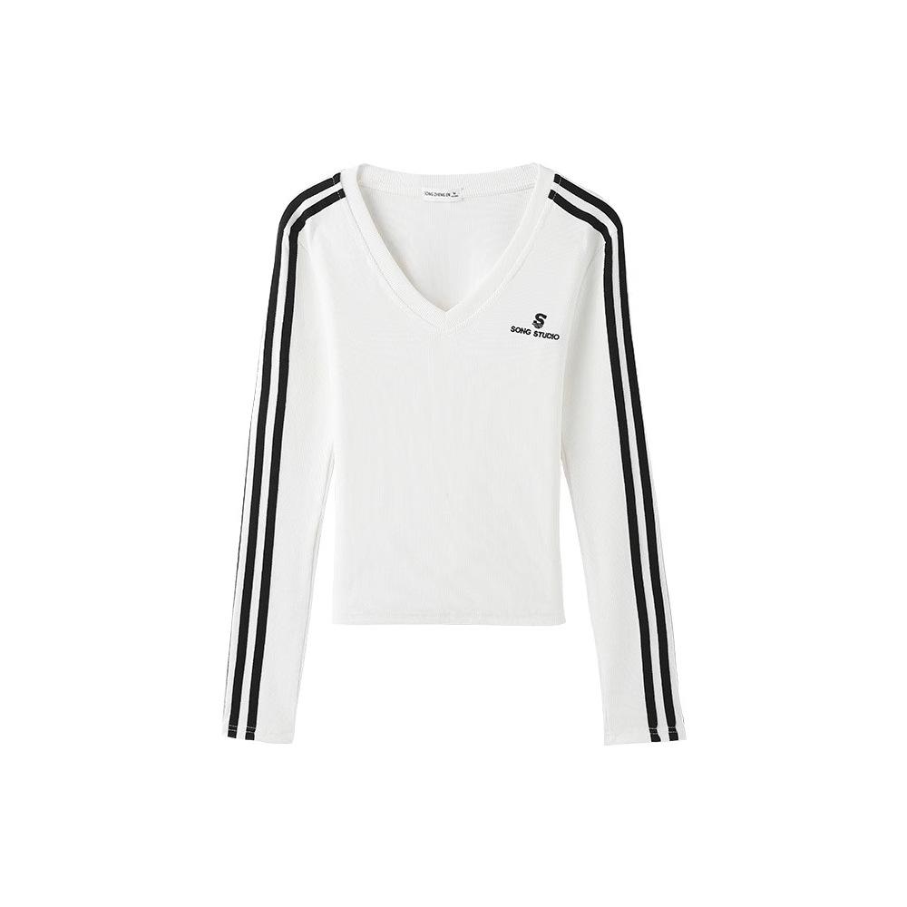 

Women s Slim Fit White Striped V-Neck Long Sleeve T-Shirt – Autumn/Spring 2025 L (Recommended 90-105 jin) чорний