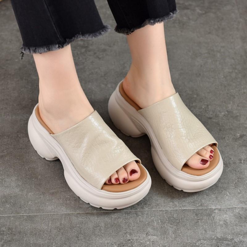Johnature Women's Thick Soled High-heeled Peep Toed Slippers Genuine Leather Platform Sandals