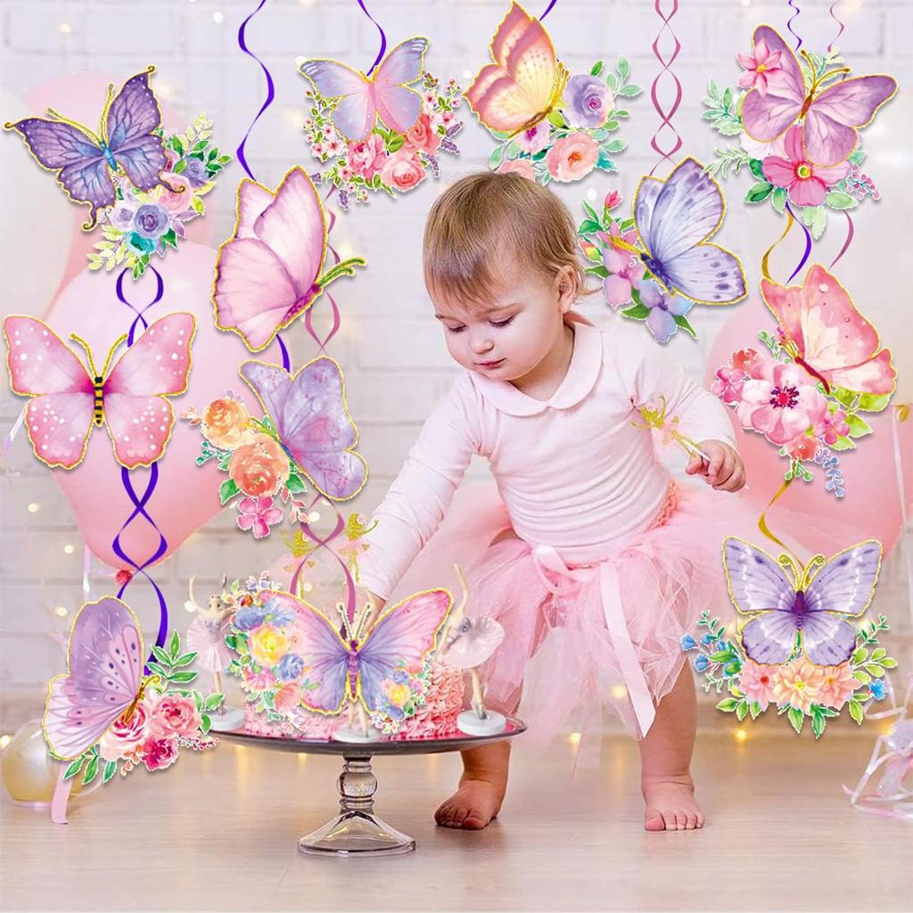 32Pcs Butterfly Party Decorations, Butterfly Hanging Swirl Decorations Pink and Purple Hanging Butterfly Decorations for Spring Summer Garden