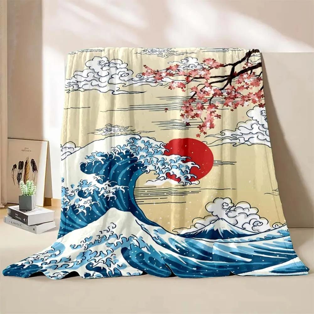 Wave-inspired Ukiyo-e paintings digital-printed polyester velvet flannel cover blanket Fleece soft sofa cover blankets for beds