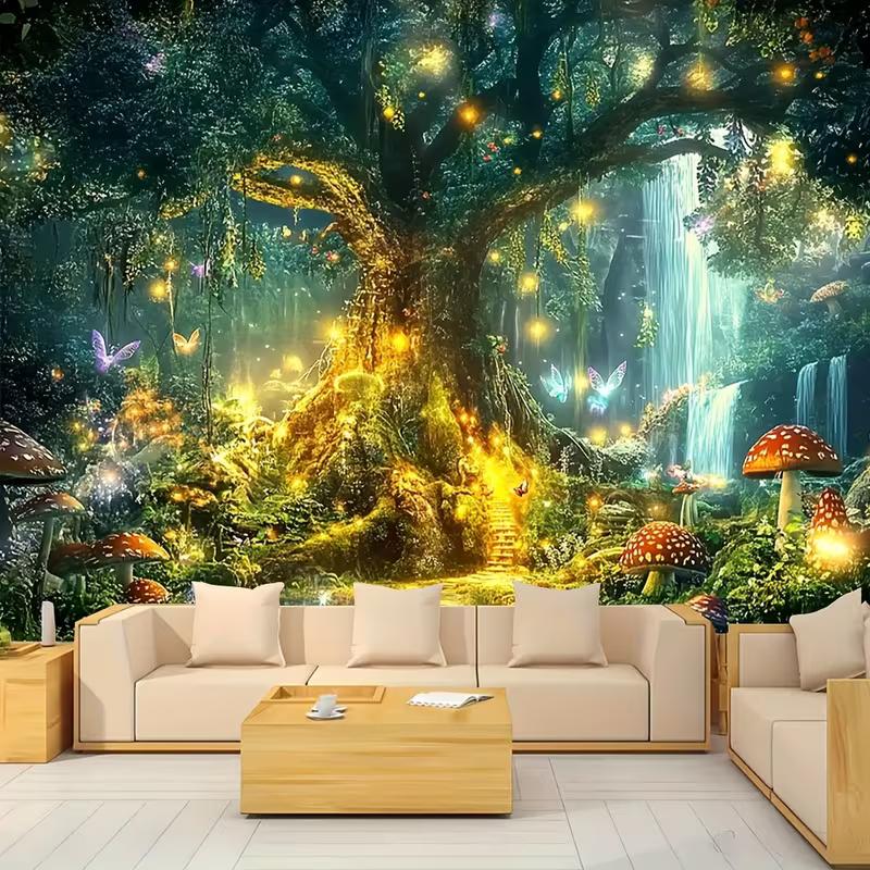 Tela da Parete 2D Albero della Vita Foresta Incantata, Stampa Magica di Albero e Funghi Luminosi per Soggiorno