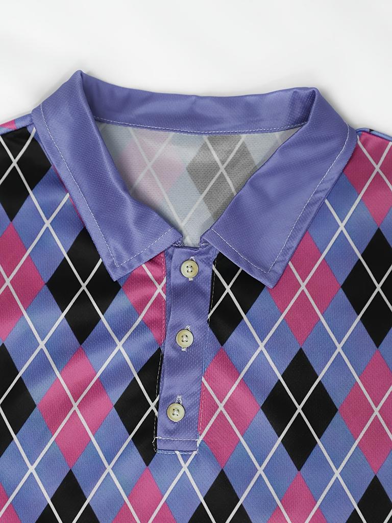 Men'S Bright Pink And Black Plaid Polo Shirt - Lightweight Breathable, Casual Short Sleeve Collar Design, Summer Outing And Daily Wear H-Cut