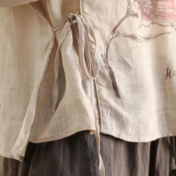 Vintage Floral Print Bandage Tops Women Blouses Chinese Style Seven Sleeve Spring Loose Shirts