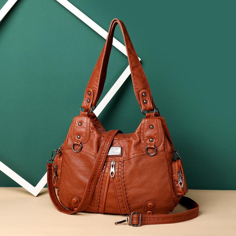 

Вместительная женская сумка через плечо из вымытой кожи, новая, из мягкой искусственной кожи, плетеная женская сумка с заклепками, сумка-мессенджер через плечо коричневый