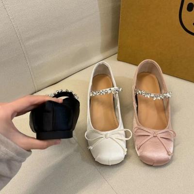 Small Man Increases Height 5cm Ballet Shoes for Women, Spring and Autumn Rhinestone Bow, Light Mouth Satin Outer Wear, Single Shoes for Women