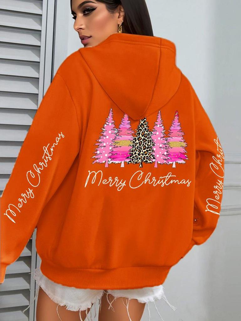Women's Casual Hoodie - Pink Cross Christmas Tree Design for Autumn/Winter