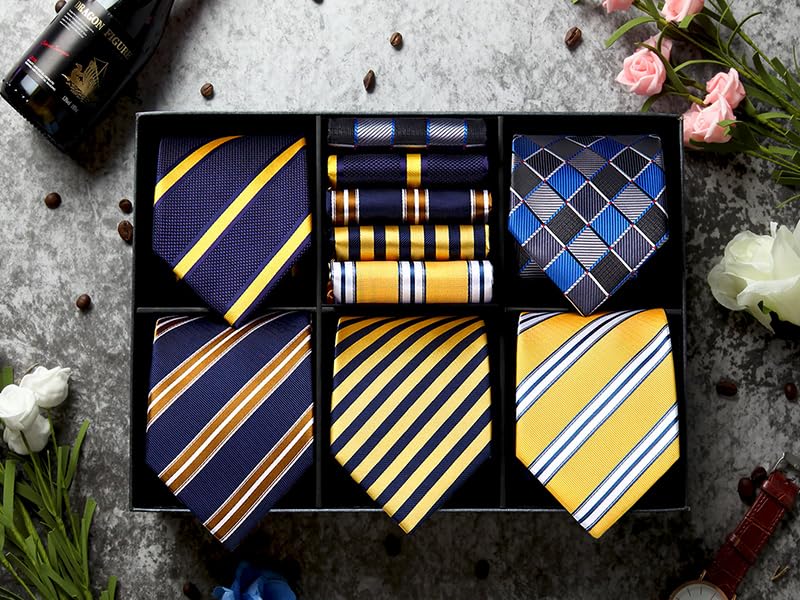 Business Tie Set of 5 Stylish Necktie Chief Wedding Yellow Necktie Striped Job Hunting Blue Necktie Brand Present T5A014 [HISDERN] Men's