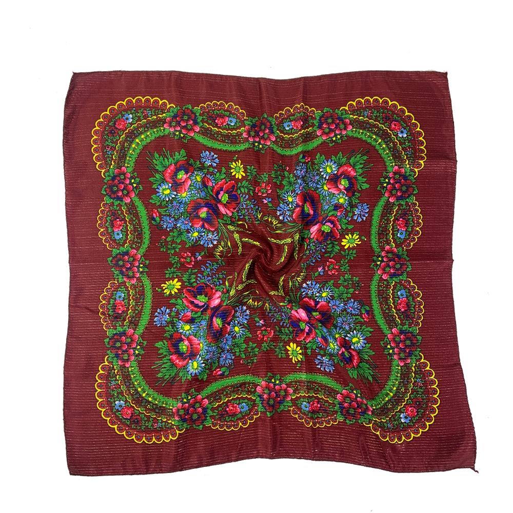 70Cm Gold Thread Floral Printed Russian Scarf Ukrainian Shawl Babushka Square Bandana Female Head Wrap Scarf