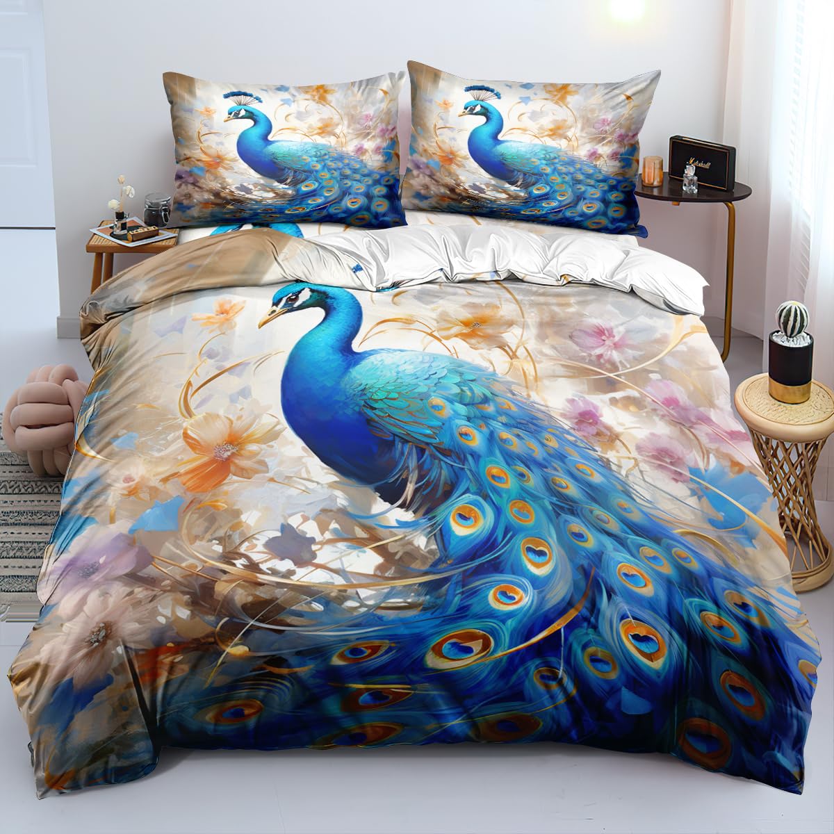 

Peacock Duvet Cover Set for Teens Adults Quilt Covers Queen Lightweight Down Room Decor 2 Pillowcases 1 Duvet Cover No Comforter (135x200cm)