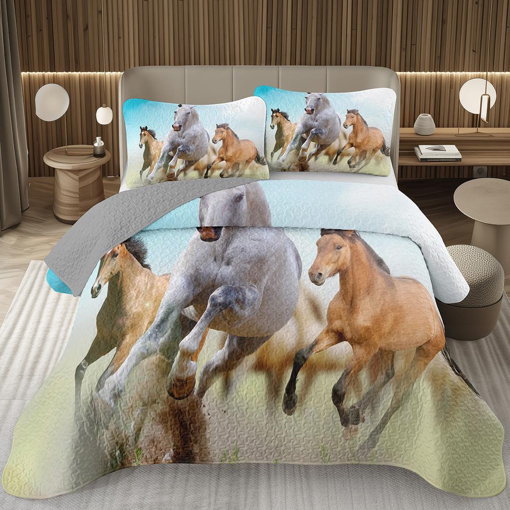 Wild Horse Bedspread Queen/Full Galloping Horse Pattern Quilted Bedding Set Farm Animal Coverlet Set Reversible Rustic Bed Cover