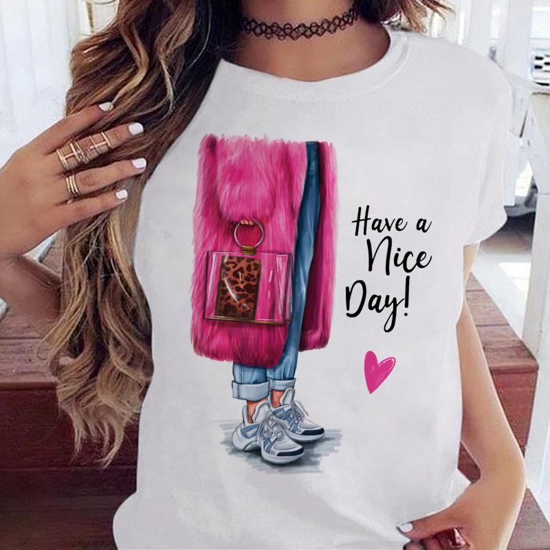 Women's Top Urban Girl Printed Casual White Cute Simple Retro Front Shoulder Pure Cotton Short Sleeved T-Shirts Women’s