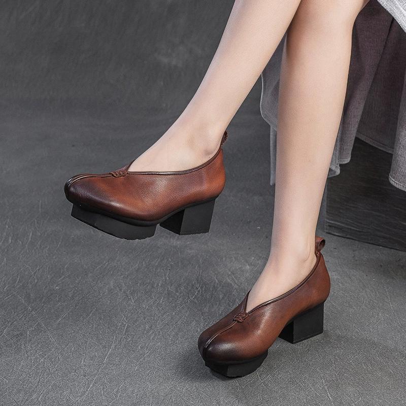 Fashion GKTINOO Spring Autumn Ethnic Style Round Toe High Heels Mom Shoes Cowhide Platform Retro Genuine Leather Pumps Women's Shoes