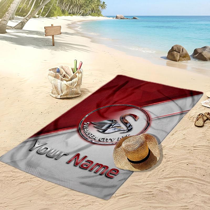 Swansea City FC Personalized Printed Beach Towel Soccer Logo Support Custom Name Text Absorbent Towel For Sport Travel Special Gift