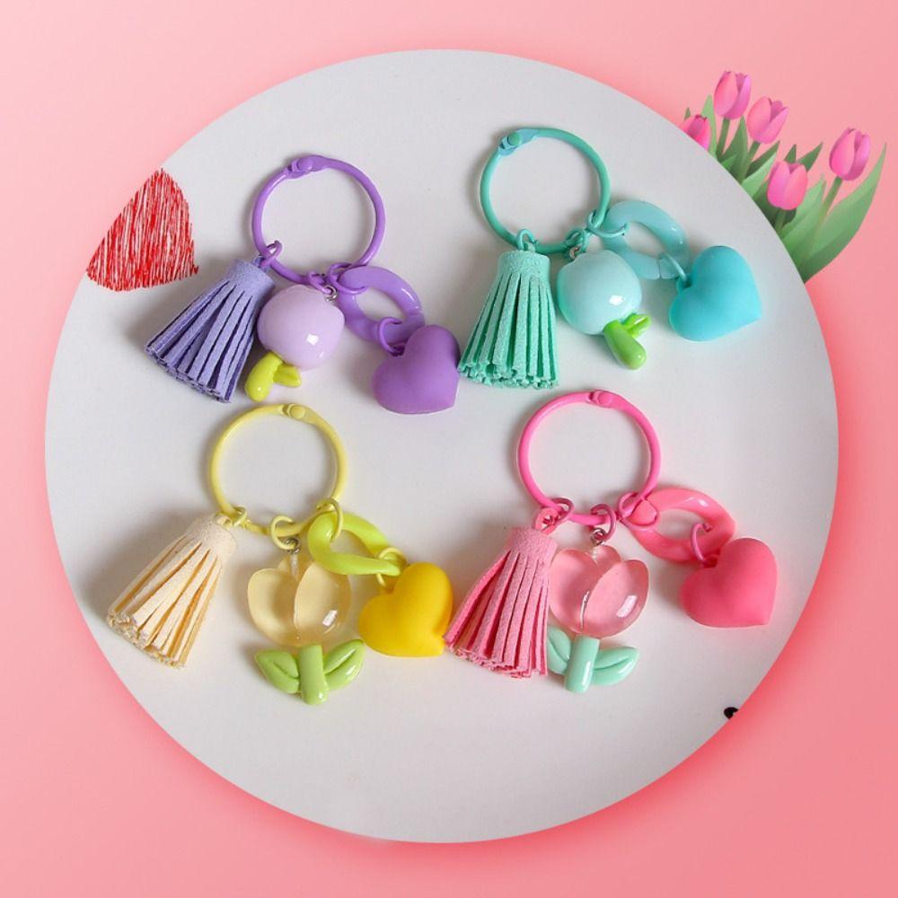 With Tassel Tulip Flower Keychain Young Girl's Heart Sweet Resin Tulip Keyring   Earphone Case