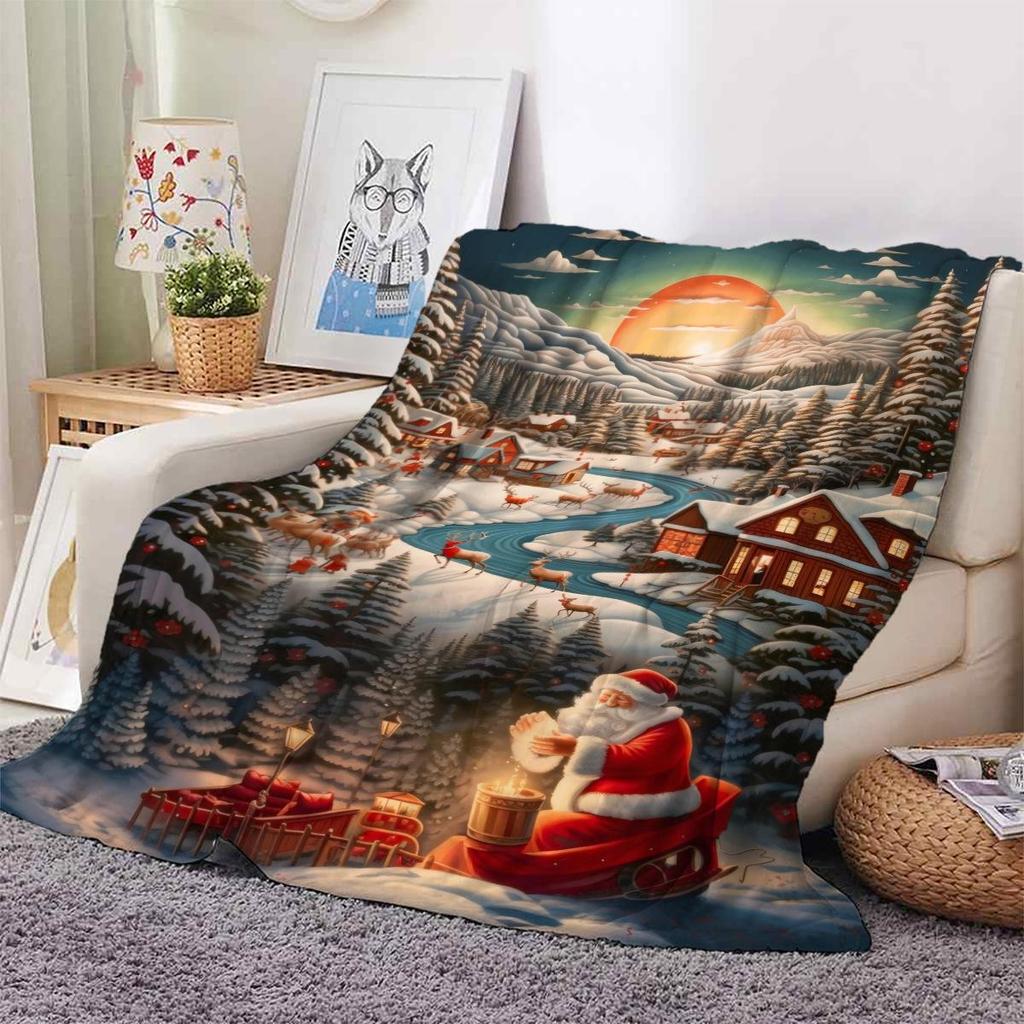 Santa Claus Snow Scene Thick Flannel Office & Nap Blanket