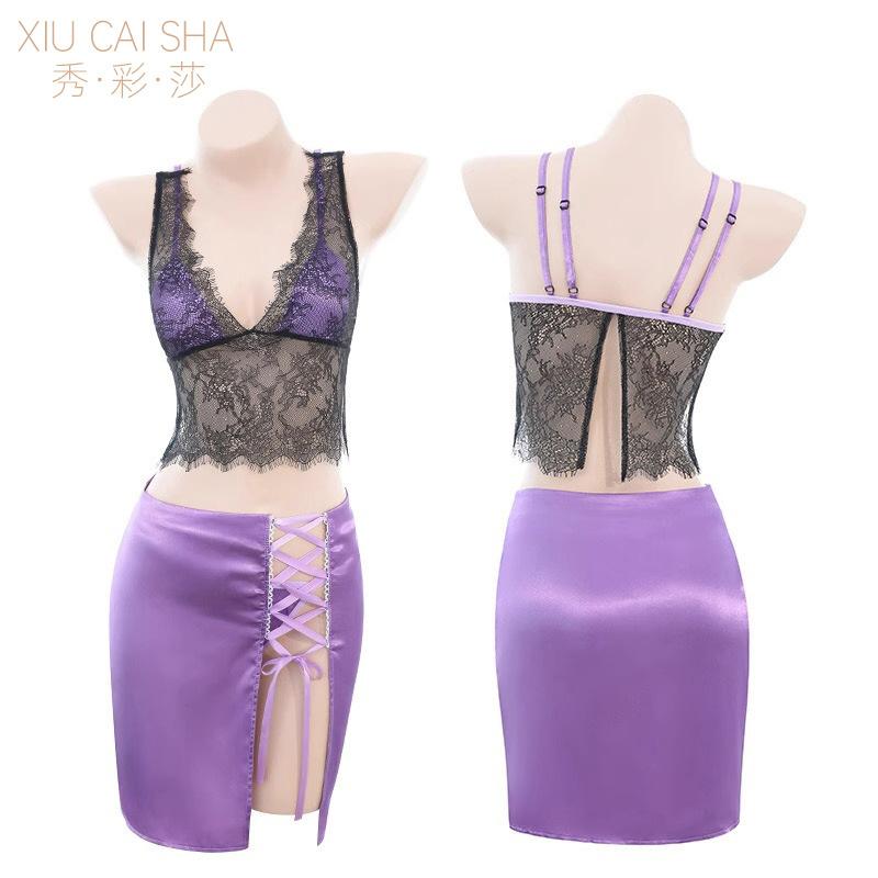 Purple Seduction Sexy Charm Milf Deep V Perspective Pure Lace Hip Skirt Uniform Free Temptation Hollow Woman
