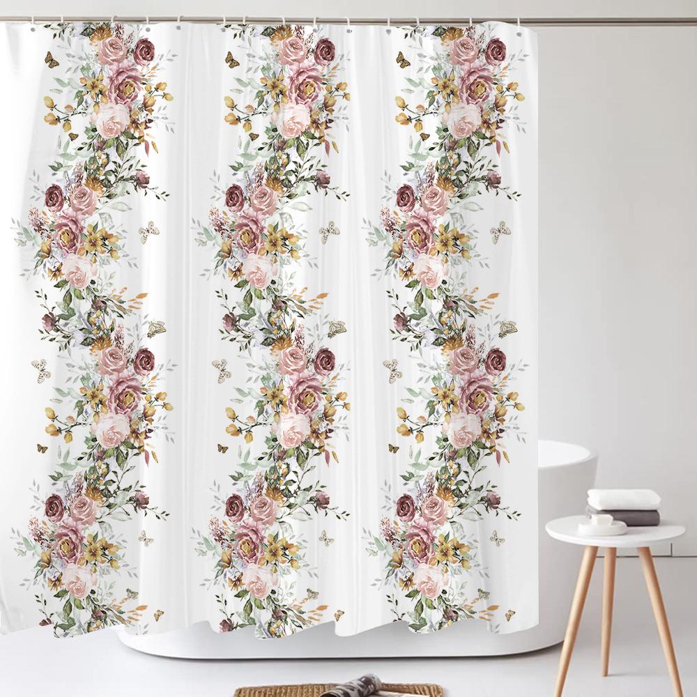 Flowers Shower Curtain Watercolor Flower Bath Curtain Print Polyester Fabric Waterproof Bathroom Curtains with Hooks Bath Screen