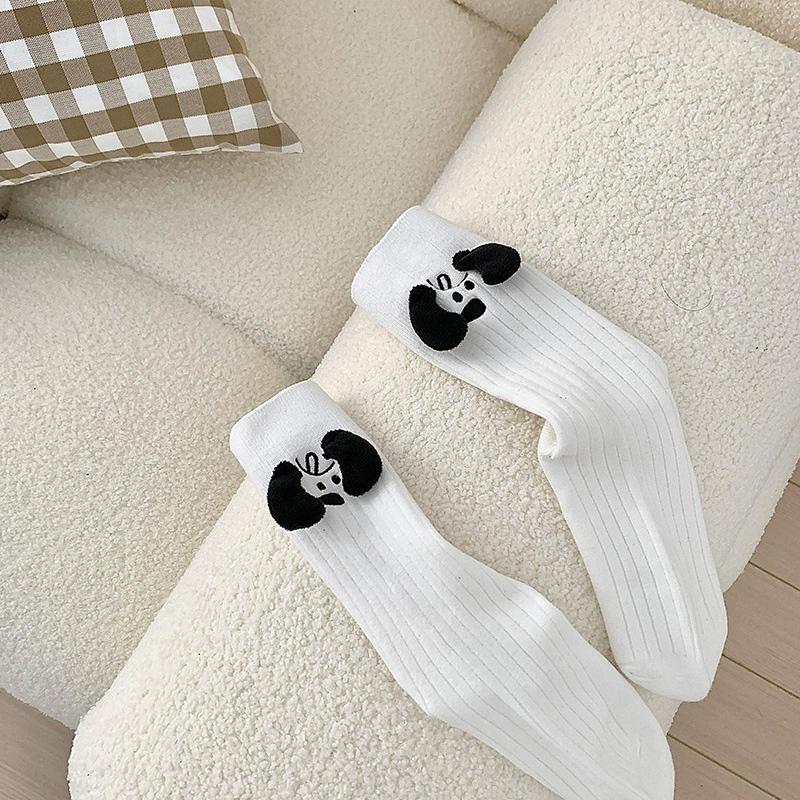 

1 Pair Black & White 3D Plush Mid-tube Cartoon Trendy Socks Non-slip Socks Embroider Dog Striped Puppy чёрный/белый