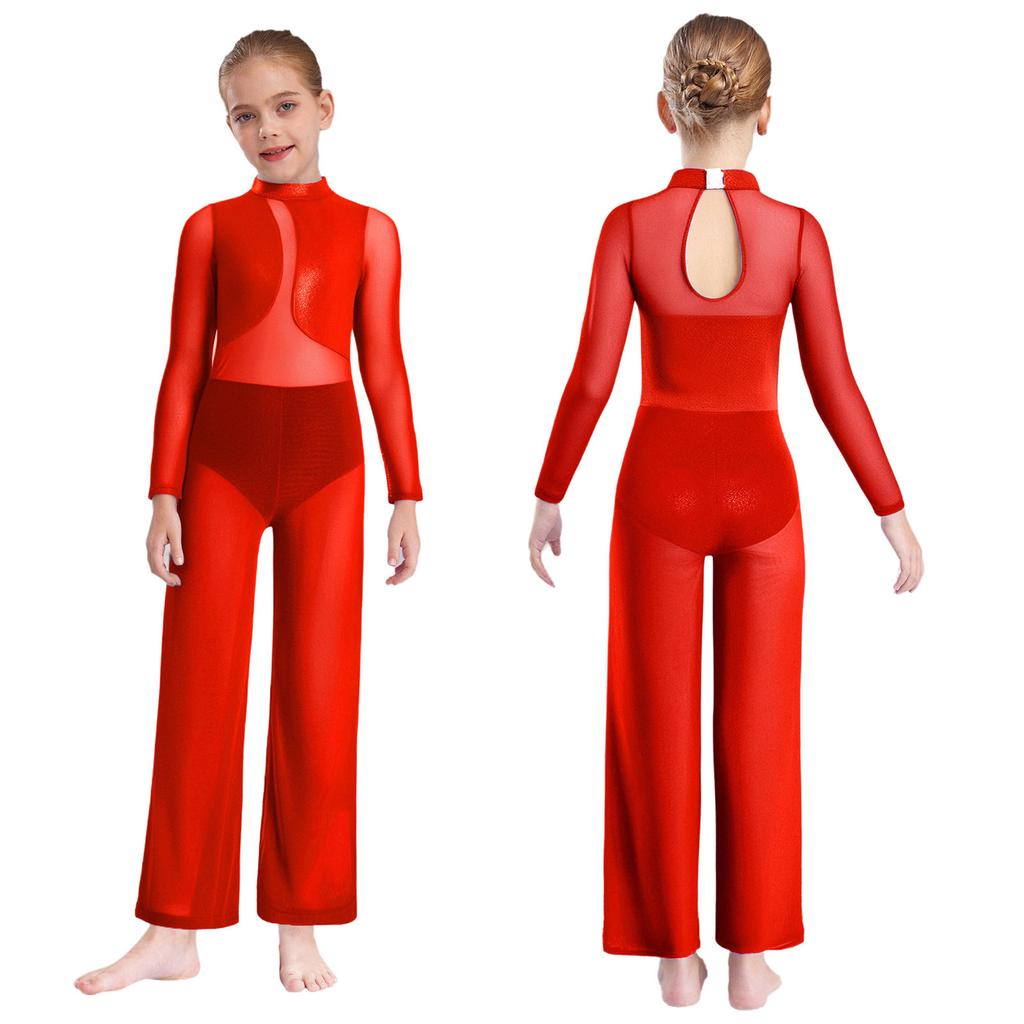 Transparenter Netz-Jumpsuit mit weitem Bein und Metallic-Effekt für Mädchen: Langarm Ganzkörper-Trikot mit Schlüsselloch-Rücken für Gymnastik und Bühnenauftritte