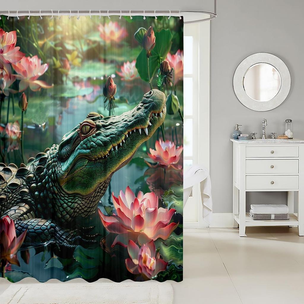 3D Crocodile Waterproof Bathroom Curtain Pink Lotus Flower Bath Curtain, River Animal Shower Curtain Floral Bathroom Accessories