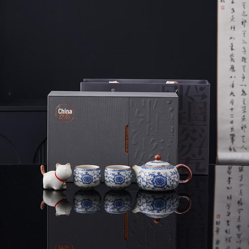 Ru Kiln Ceramic Tea Set - Xishi Teapot, Arhat Cups & Entwined Lotus Cat