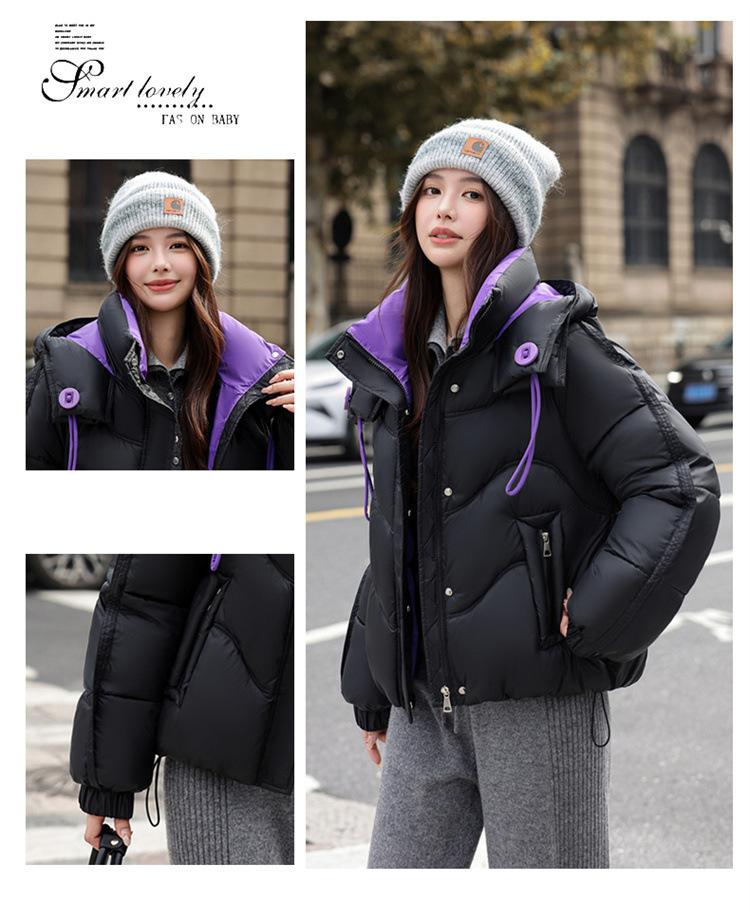 Women’s Short Color Contrast Hooded Windproof Thicken Warm Winter Jacket With Raglan Sleeves