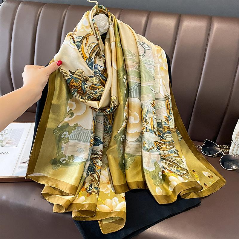 Painting Floral Design 100% Silk Feeling Scarf For Women 180X90Cm Shawl Wraps Luxury Female Hijab Headband Foulard Beach Stoles