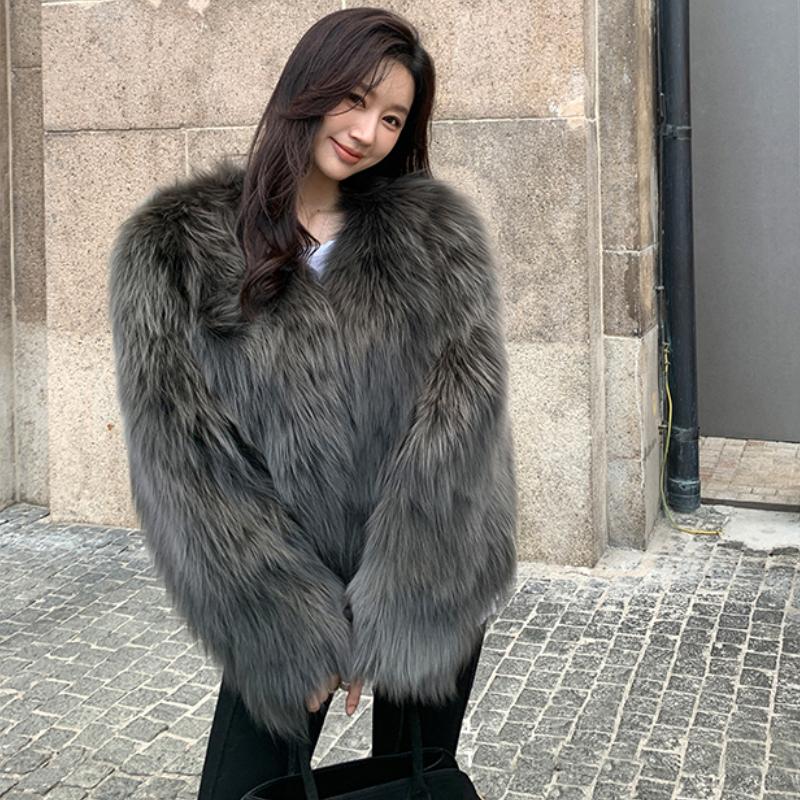 Autumn Long Sleeve Loose Plush Fox Fur Coats Women Fashion Soft Warm Short Winter Jackets Women Tops Solid Elegant Street Loose Lady Jacket Coat 25878