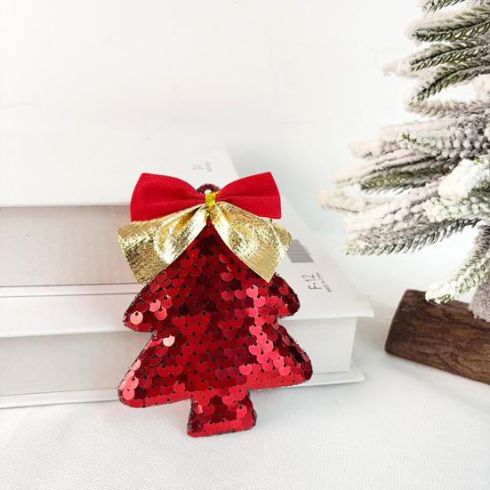 6Pcs Christmas Tree Ornaments Tree Shape Sequin Pendant with Bow for Christmas