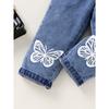 2pcs Set Of Elegant, Sweet, And Cute Little Girl'S Neat Color Pit Stripe T-shirt And Butterfly Print Ruffled Denim Jumpsuit Suitable