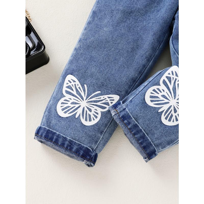 2pcs Set Of Elegant, Sweet, And Cute Little Girl'S Neat Color Pit Stripe T-shirt And Butterfly Print Ruffled Denim Jumpsuit Suitable