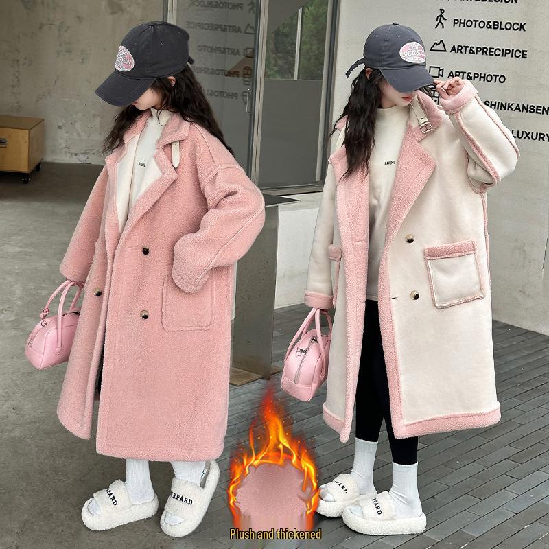 

Зимнее пальто для девочек 2024 года на двусторонней меховой подкладке из шерсти - Модная и утолщенная верхняя одежда для детей More than 1000 pieces розовый