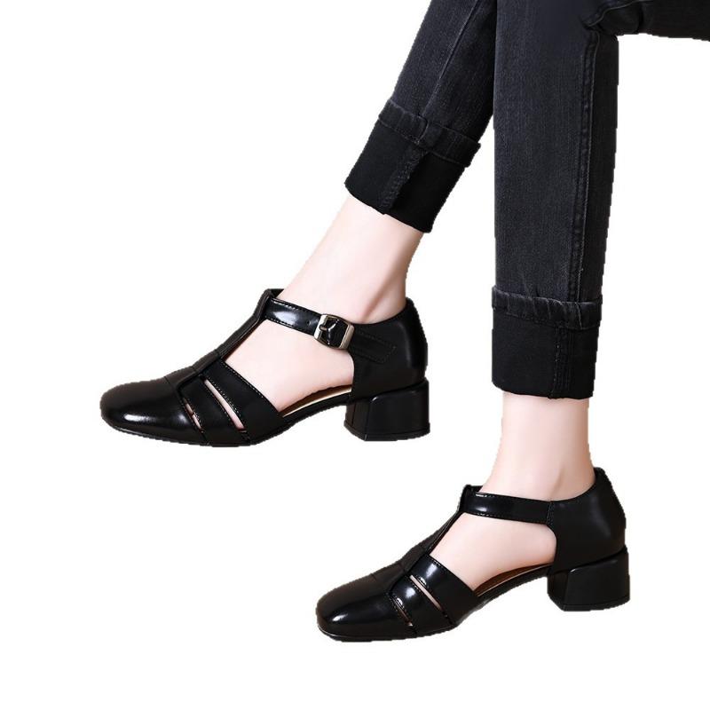 Comfortable Closed-toe Shoes, Women's Retro Hollowed-out Shoes, One-strap Versatile Chunk-heeled Sandals