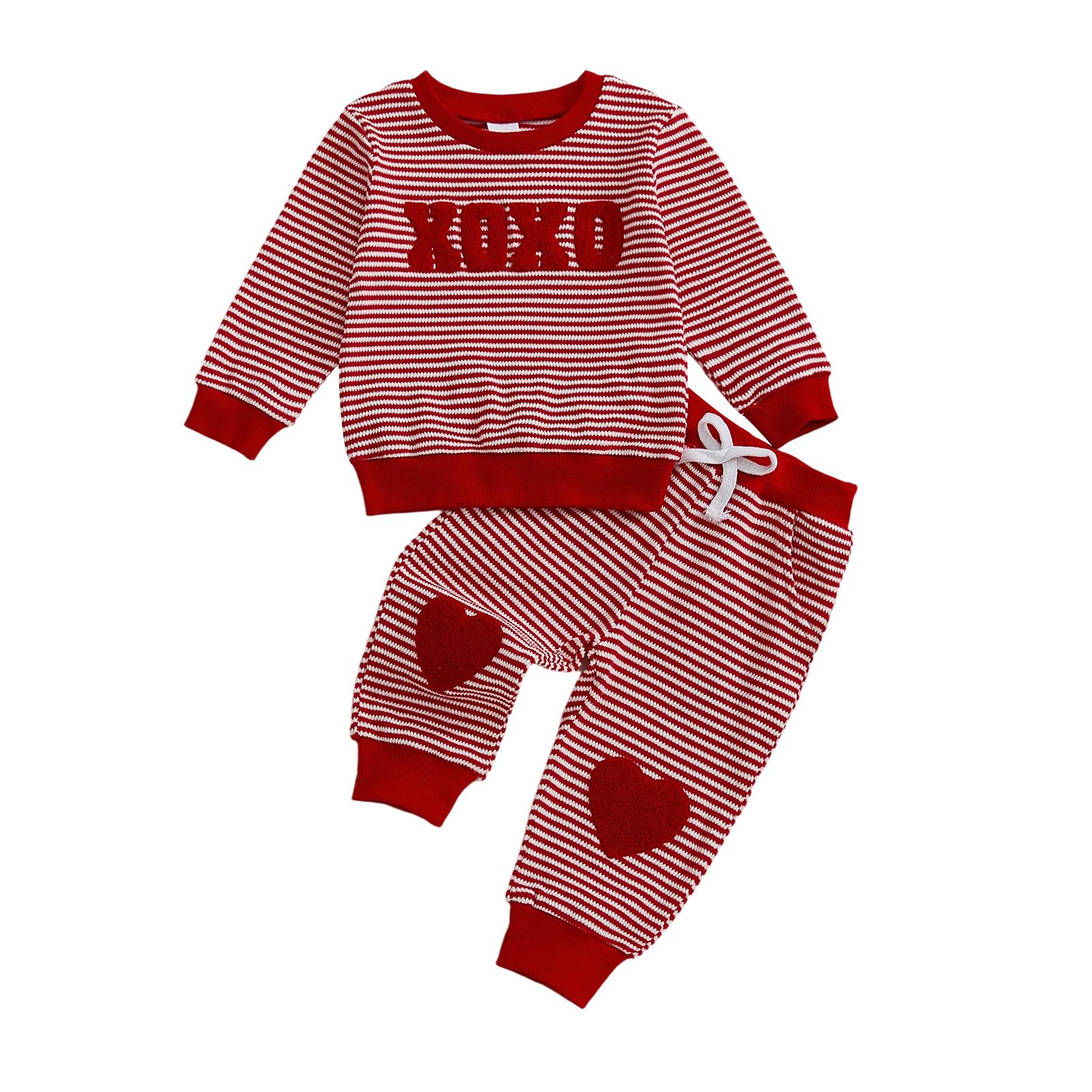 Kid Girls Pants Set Long Sleeve Striped Hoodie with Heart Sweatpants Valentines Day Clothes 110 красный
