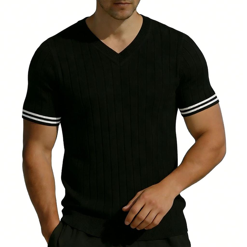 Men's Casual V Neck Short Sleeve T Shirt Ribbed Knit Slim Fit Lightweight Breathable Comfortable Summer Top for Outdoor Indoor Use
