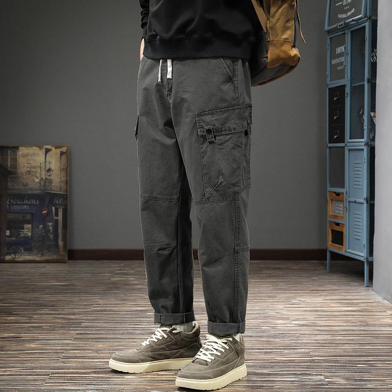 American trendy brand retro functional splicing overalls men's loose straight large size Harlan pants spring pure cotton casual pants