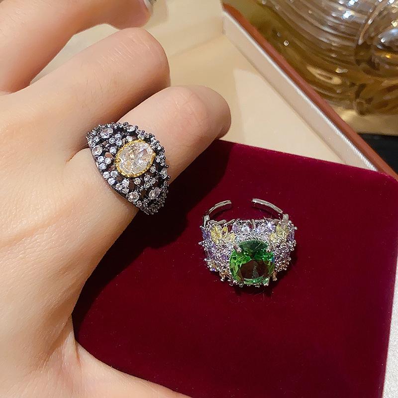 Exquisite Retro Zircon Flower Oval Open Ring: Sparkly, Fashionable & Versatile Index Finger Jewelry