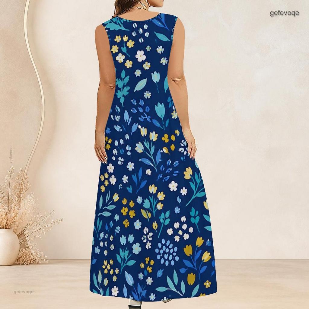 Women Plus Size Sleeveless Scoop Neck A Line Long Dress Black Purple Feather Printed