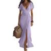 Womens Solid Color V Neck Waist Cinched Split Long Chiffon Dress Elegant Design Lightweight Fabric Comfortable Fit